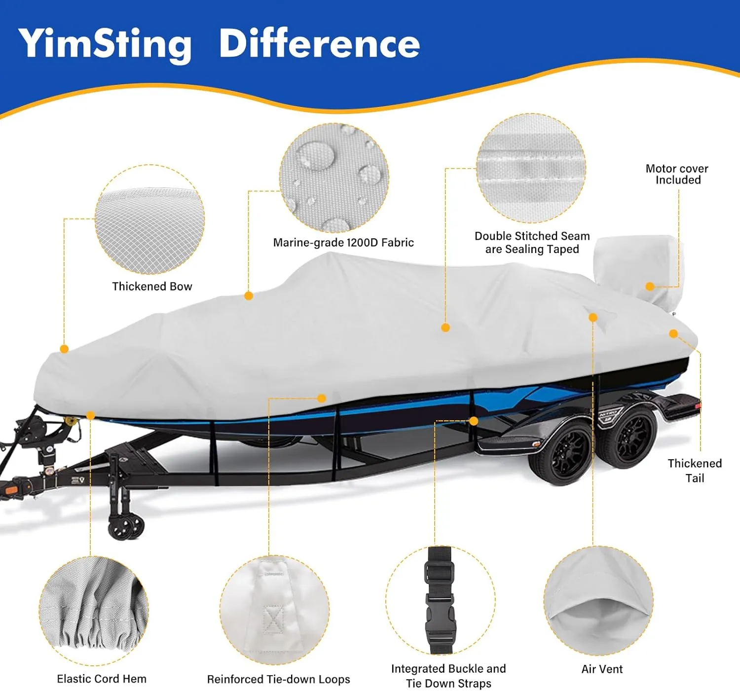 1200D Waterproof Boat Cover - Fits 14' to 16' ft Bass, V-Hull & Tri-Hull Boats - Heavy Duty Canvas Gray
