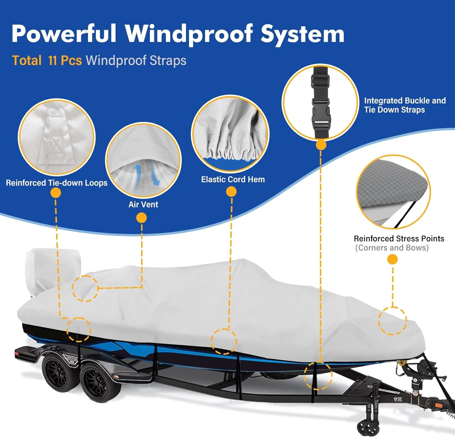 1200D Waterproof Boat Cover - Fits 14' to 16' ft Bass, V-Hull & Tri-Hull Boats - Heavy Duty Canvas Gray