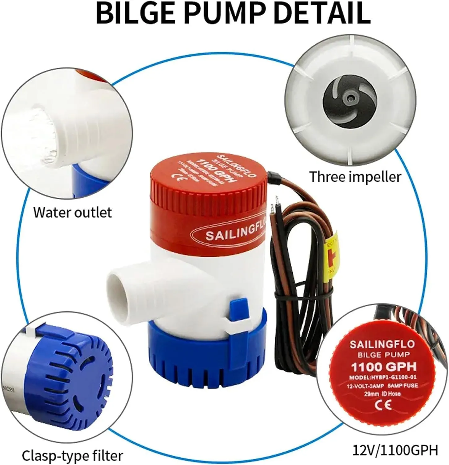 12V Bilge Pumps for Boats,Non-Automatic Bilge Water Pump,Submersible Boat Accessories,Electric Marine 1100GPH Pump Waterproof Reset (Red, 1100GPH)