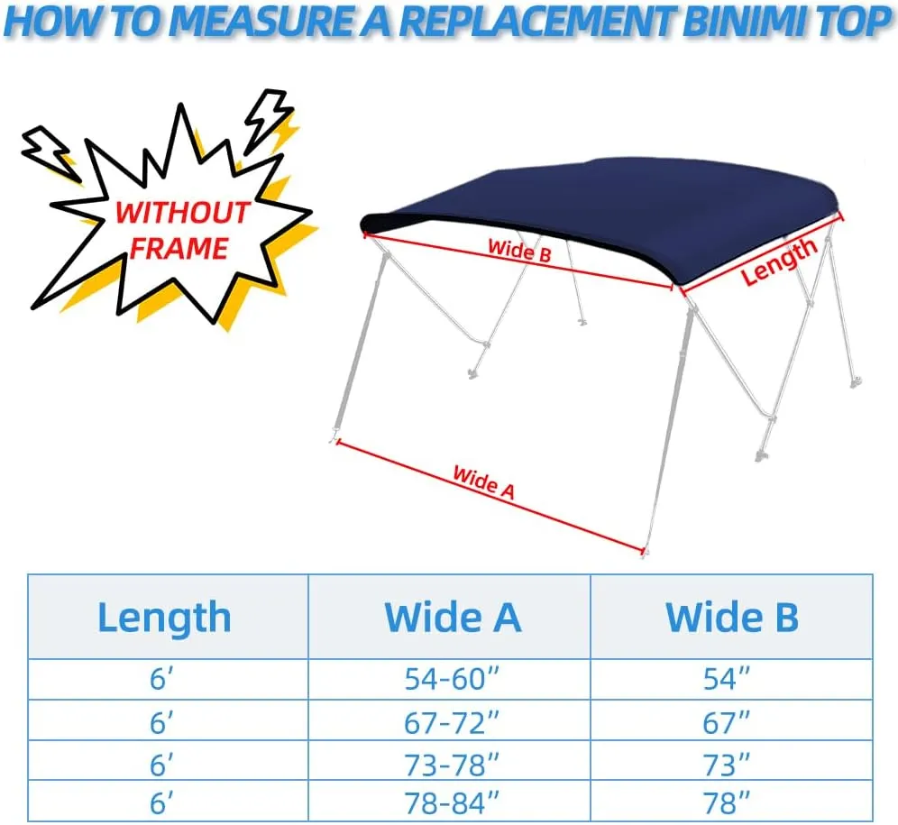 3 Bow Fade and Crack Resistant Bimini Top Replacement Cover，600D Marine Grade Polyester Waterproof Sun Shade Boat Canopy，Easy Install Zipper Sleeves Boat Awning,Navy 6'L 67"-72" W