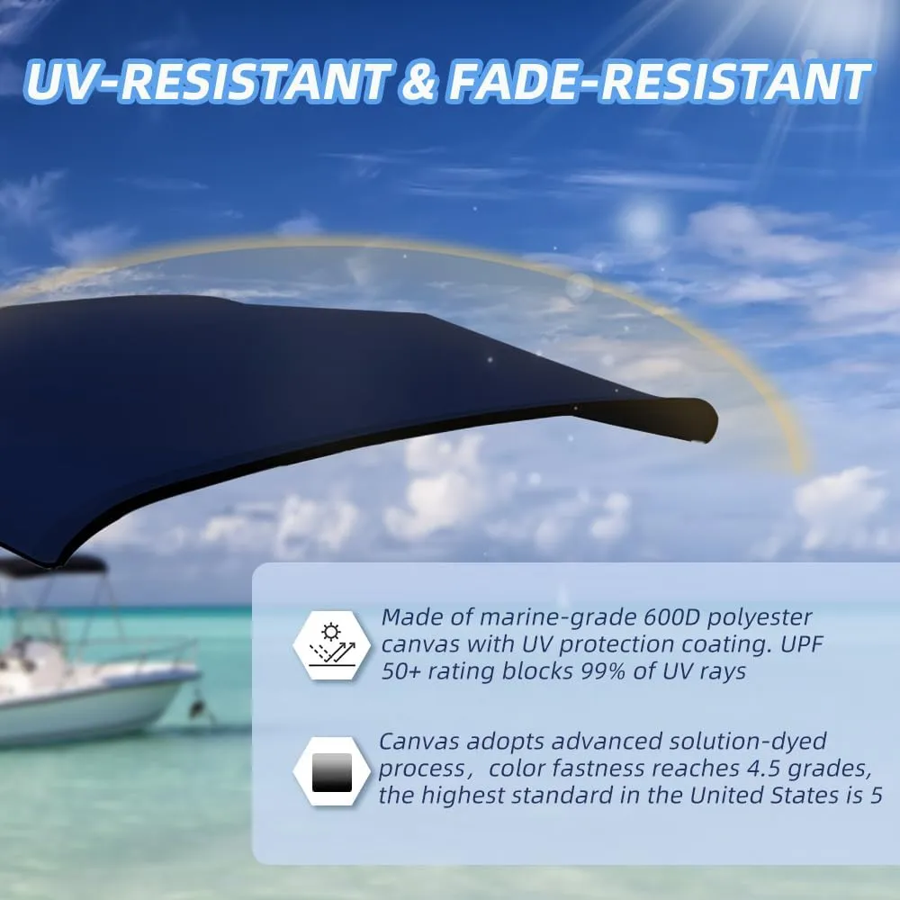 3 Bow Fade and Crack Resistant Bimini Top Replacement Cover，600D Marine Grade Polyester Waterproof Sun Shade Boat Canopy，Easy Install Zipper Sleeves Boat Awning,Navy 6'L 67"-72" W