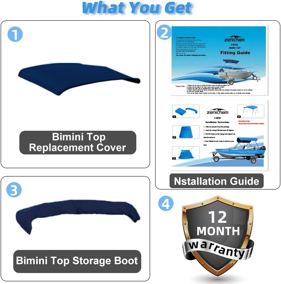 3 Bow Fade and Crack Resistant Bimini Top Replacement Cover，600D Marine Grade Polyester Waterproof Sun Shade Boat Canopy，Easy Install Zipper Sleeves Boat Awning,Navy 6'L 67"-72" W