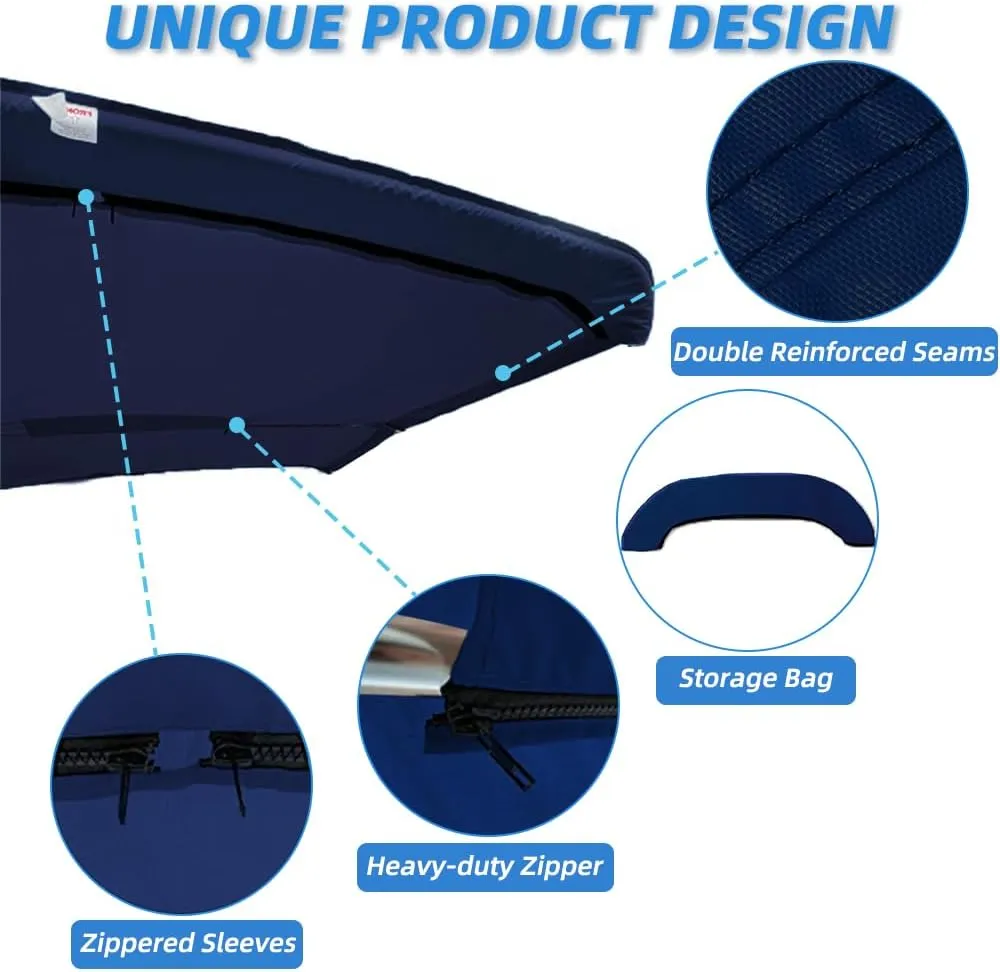 3 Bow Fade and Crack Resistant Bimini Top Replacement Cover，600D Marine Grade Polyester Waterproof Sun Shade Boat Canopy，Easy Install Zipper Sleeves Boat Awning,Navy 6'L 67"-72" W