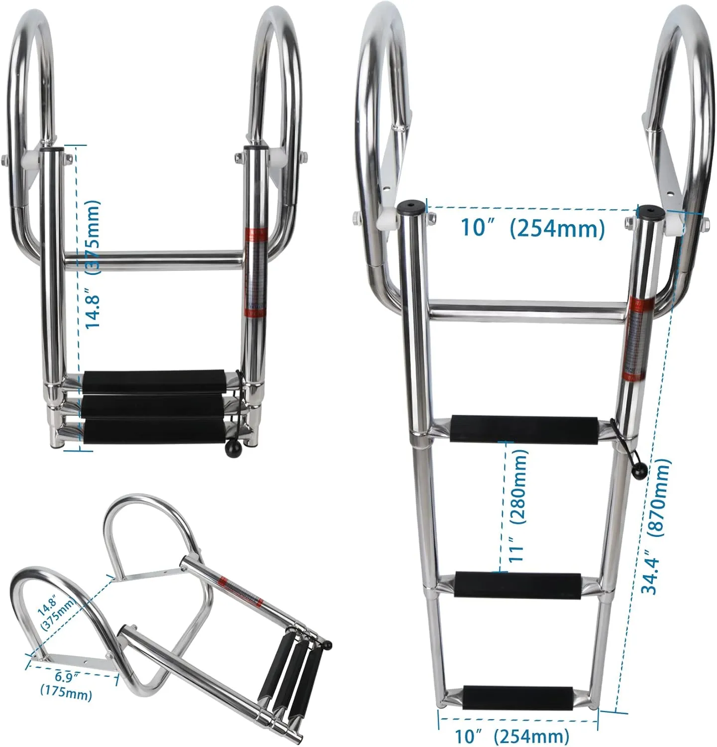 3 Step Pontoon Boat Ladder, Pontoon Ladders for Pontoon Boats, Stainless Steel Rear Entry Inboard Ladders Over Platform