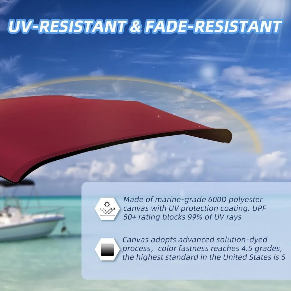 4 Bow Marine Grade Fade and Crack Resistant Bimini Top Replacement Cover,Heavy-Duty Waterproof and UV-Proof Boat Canopy,Easy Install Zipper Sleeves Boat Awning/Without Frame,Burgundy