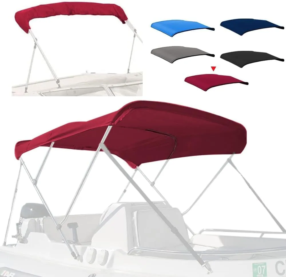 4 Bow Marine Grade Fade and Crack Resistant Bimini Top Replacement Cover,Heavy-Duty Waterproof and UV-Proof Boat Canopy,Easy Install Zipper Sleeves Boat Awning/Without Frame,Burgundy