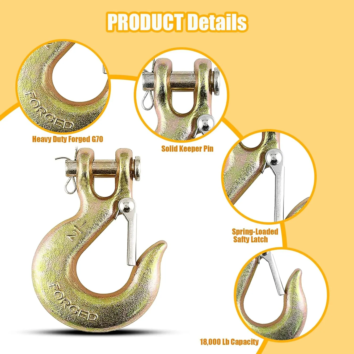 4Pack 1/2'' Heavy Duty Chain Hook, Forged Steel G70 Clevis Grab Hook with Safety Latch for Trailer Truck Transport Chain, 22000LBS Capacity for Heavy Load