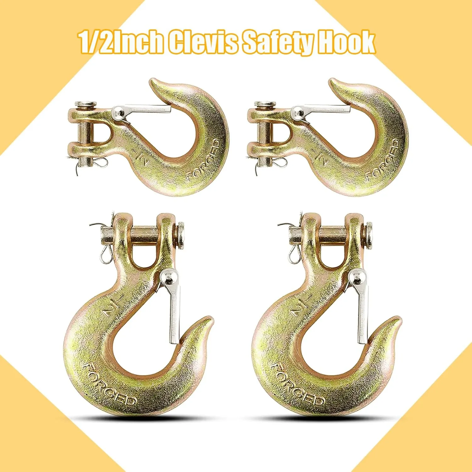 4Pack 1/2'' Heavy Duty Chain Hook, Forged Steel G70 Clevis Grab Hook with Safety Latch for Trailer Truck Transport Chain, 22000LBS Capacity for Heavy Load