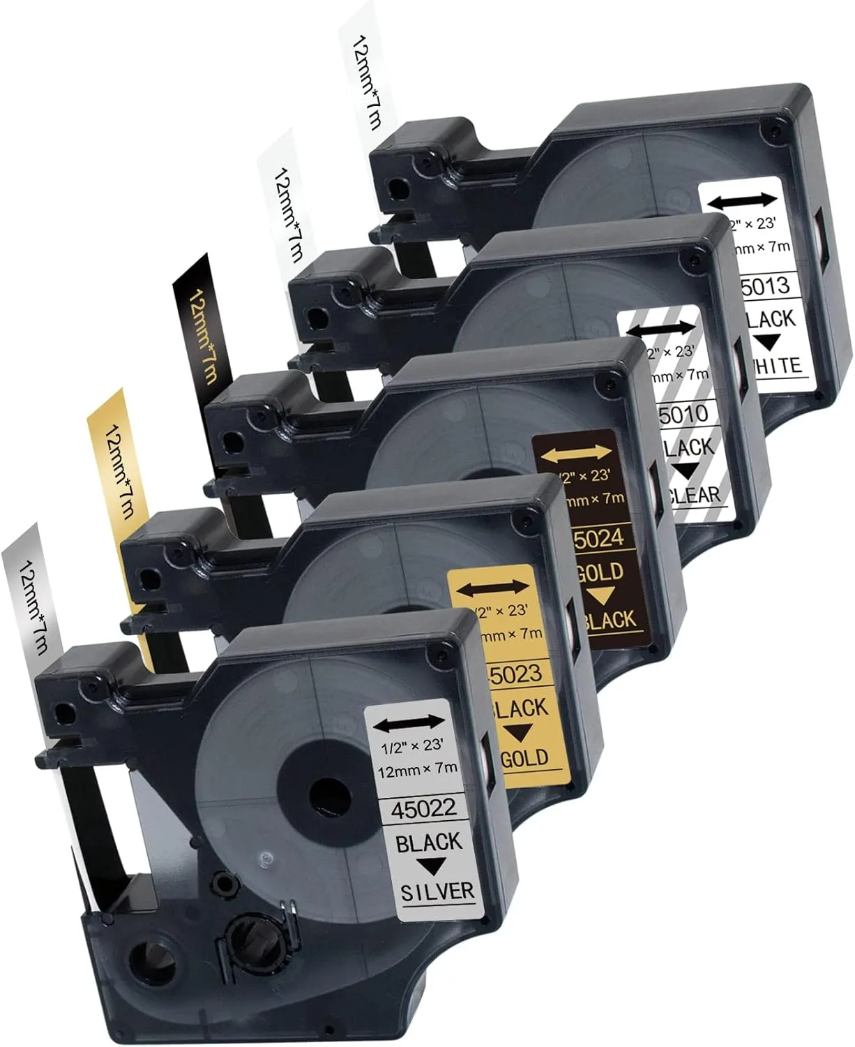5P Compatible with Dymo D1 Label Tape 1/2" Replacement for Dymo Label Maker Refills D1 45010 45013 45022-24, Clear/White/Silver/Gold/Black Labels for LabelManager 160 210D 280 360D 420D PnP