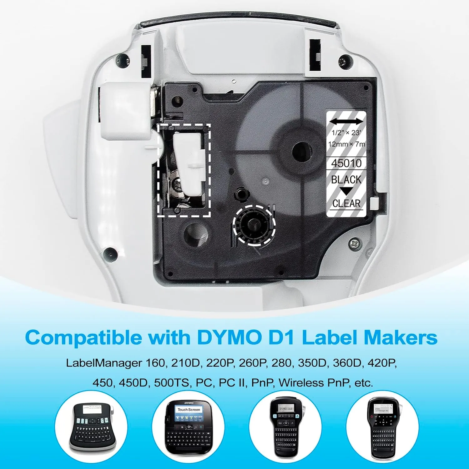 5P Compatible with Dymo D1 Label Tape 1/2" Replacement for Dymo Label Maker Refills D1 45010 45013 45022-24, Clear/White/Silver/Gold/Black Labels for LabelManager 160 210D 280 360D 420D PnP