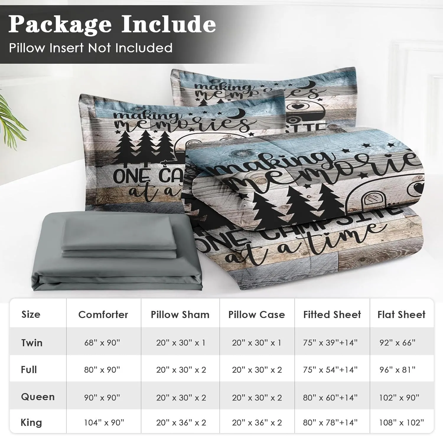 7 Pcs Queen Size Comforter Set with 2 Pillowcases & 2 Shams, Inspirational Motivational Bedding Set for Kids and Adults, Retro Wood Camp Camper Bed in a Bag with Flat Sheet and Fitted Sheet