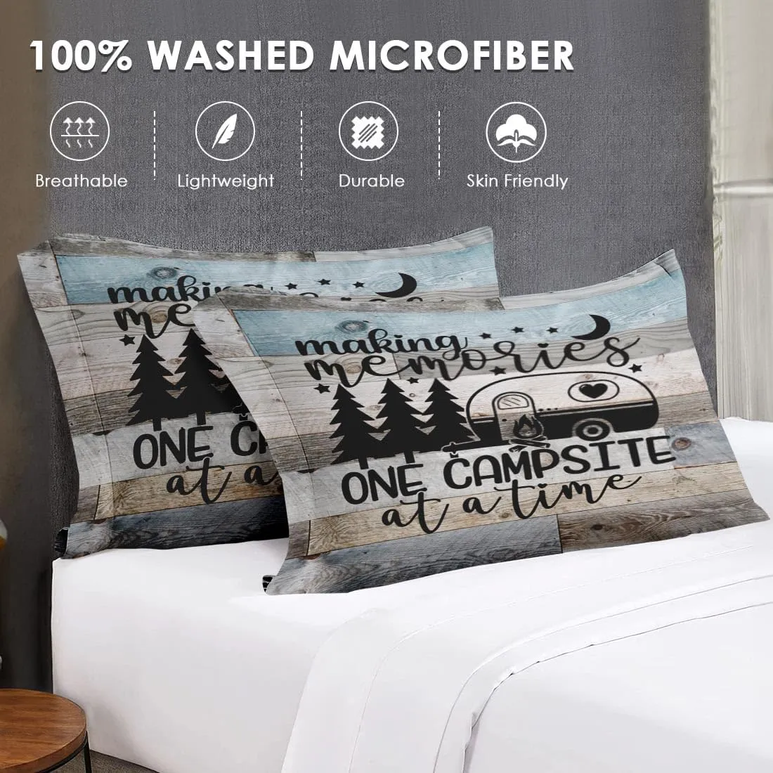 7 Pcs Queen Size Comforter Set with 2 Pillowcases & 2 Shams, Inspirational Motivational Bedding Set for Kids and Adults, Retro Wood Camp Camper Bed in a Bag with Flat Sheet and Fitted Sheet