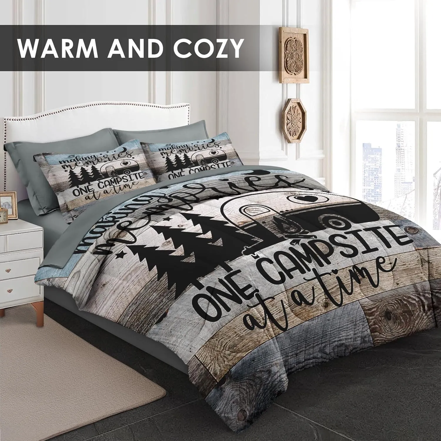 7 Pcs Queen Size Comforter Set with 2 Pillowcases & 2 Shams, Inspirational Motivational Bedding Set for Kids and Adults, Retro Wood Camp Camper Bed in a Bag with Flat Sheet and Fitted Sheet