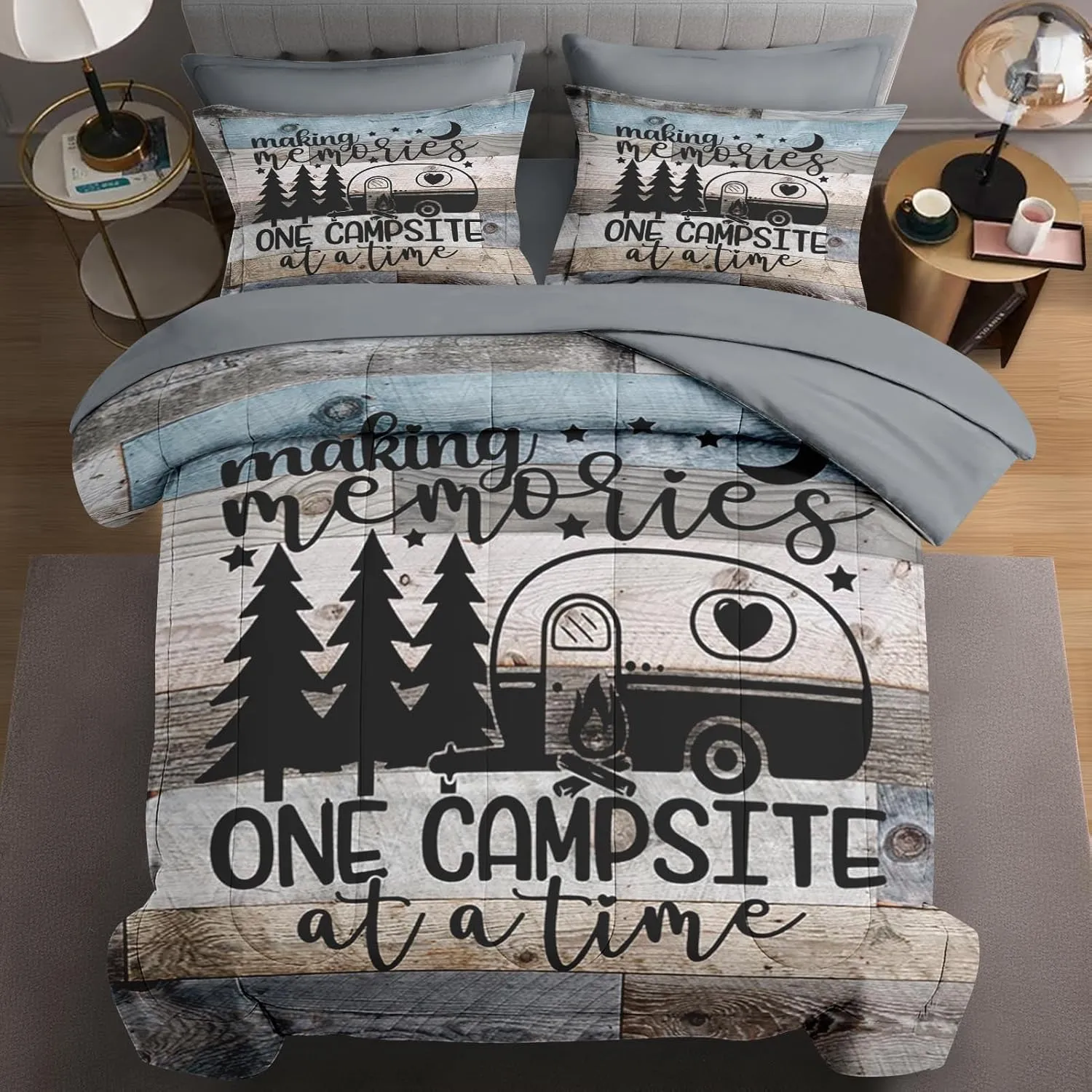 7 Pcs Queen Size Comforter Set with 2 Pillowcases & 2 Shams, Inspirational Motivational Bedding Set for Kids and Adults, Retro Wood Camp Camper Bed in a Bag with Flat Sheet and Fitted Sheet