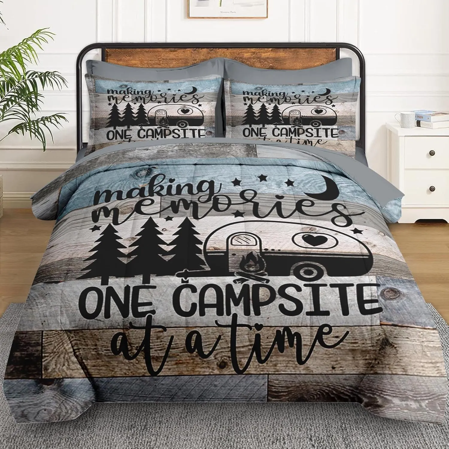 7 Pcs Queen Size Comforter Set with 2 Pillowcases & 2 Shams, Inspirational Motivational Bedding Set for Kids and Adults, Retro Wood Camp Camper Bed in a Bag with Flat Sheet and Fitted Sheet