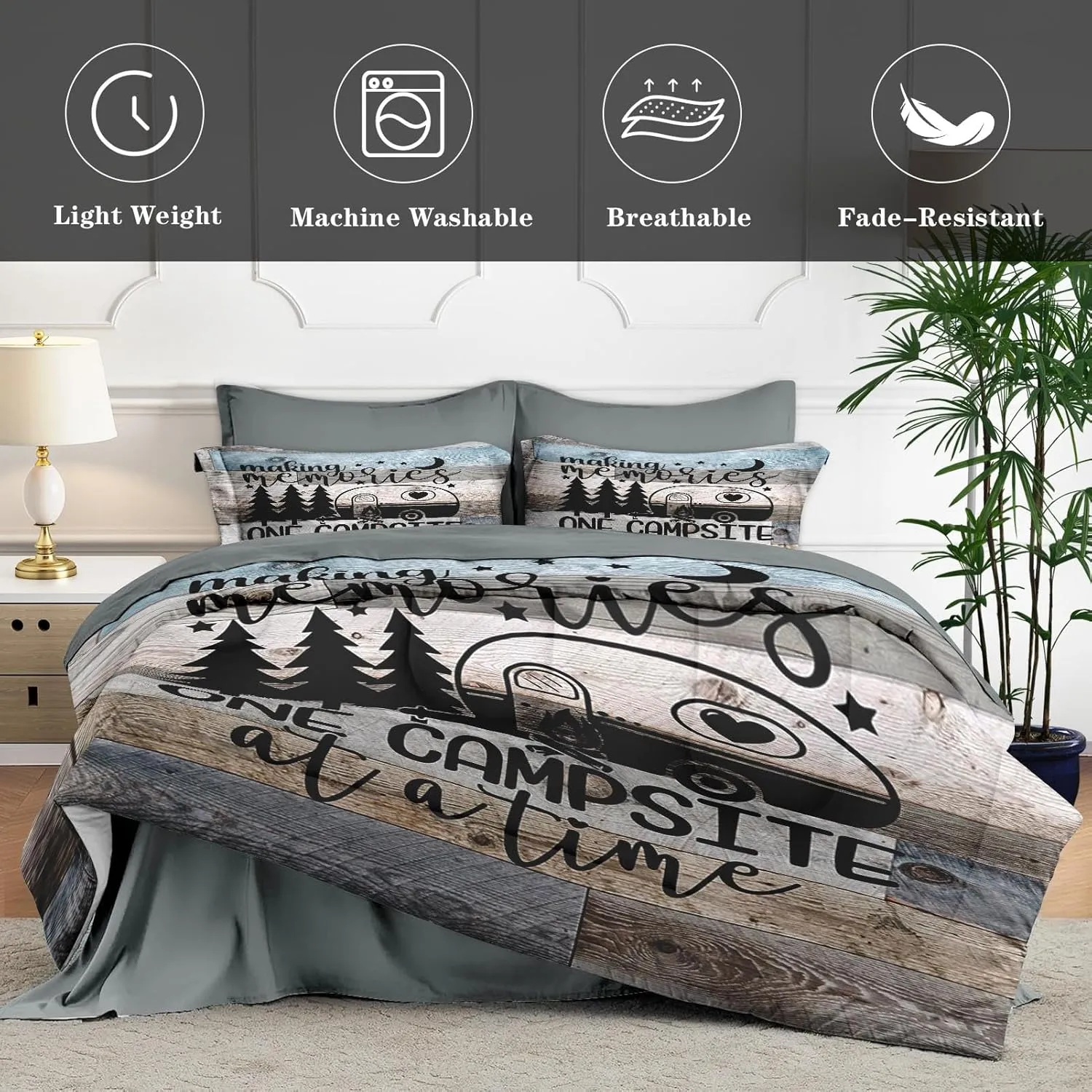 7 Pcs Queen Size Comforter Set with 2 Pillowcases & 2 Shams, Inspirational Motivational Bedding Set for Kids and Adults, Retro Wood Camp Camper Bed in a Bag with Flat Sheet and Fitted Sheet