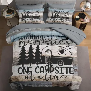 7 Pcs Queen Size Comforter Set with 2 Pillowcases & 2 Shams, Inspirational Motivational Bedding Set for Kids and Adults, Retro Wood Camp Camper Bed in a Bag with Flat Sheet and Fitted Sheet