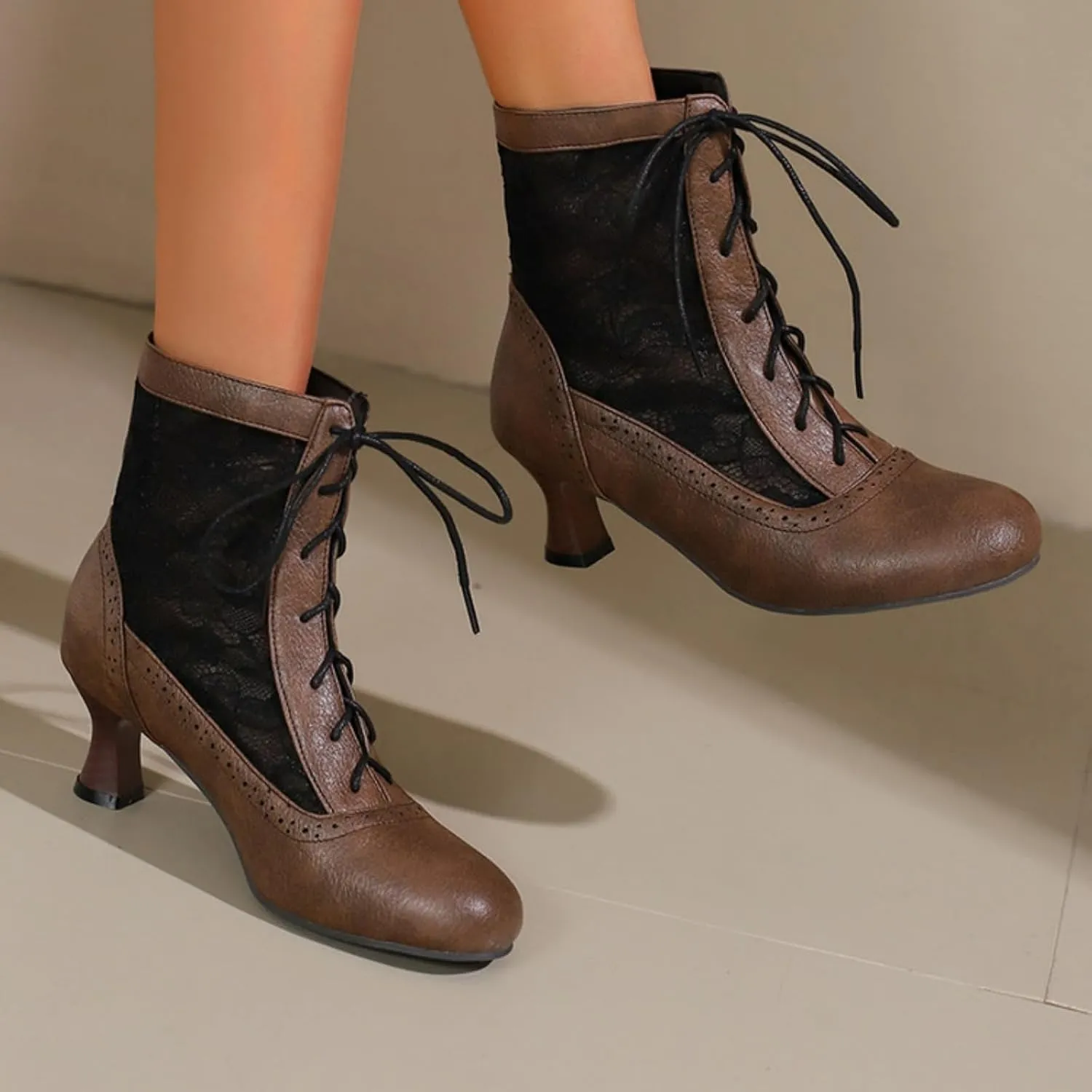Aflngle Women's Round Toe Closed Kitten Low Chunky Heels Lace Up Sandals Short Boots Summer Mesh Breathable Ankle Booties Casual Comfortable Work Office Brogue Dress Shoes