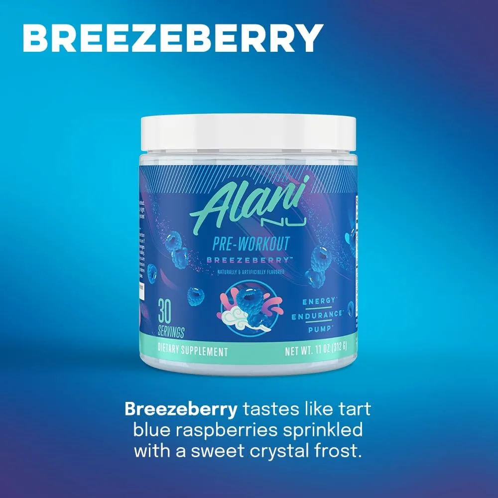 Alani Nu Pre Workout Powder BREEZEBERRY, Amino Energy Boost, Endurance Supplement, Sugar Free, 200mg Caffeine, L-Theanine, Beta-Alanine, Citrulline, 30 Servings