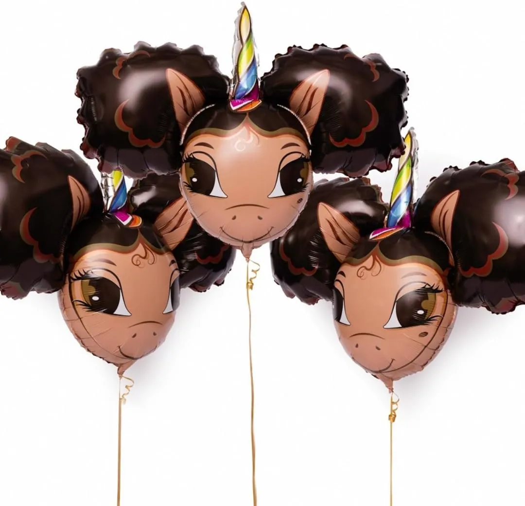 Alexis, Black Unicorn with Afro Puffs Jumbo Foil Balloon - 3 pack