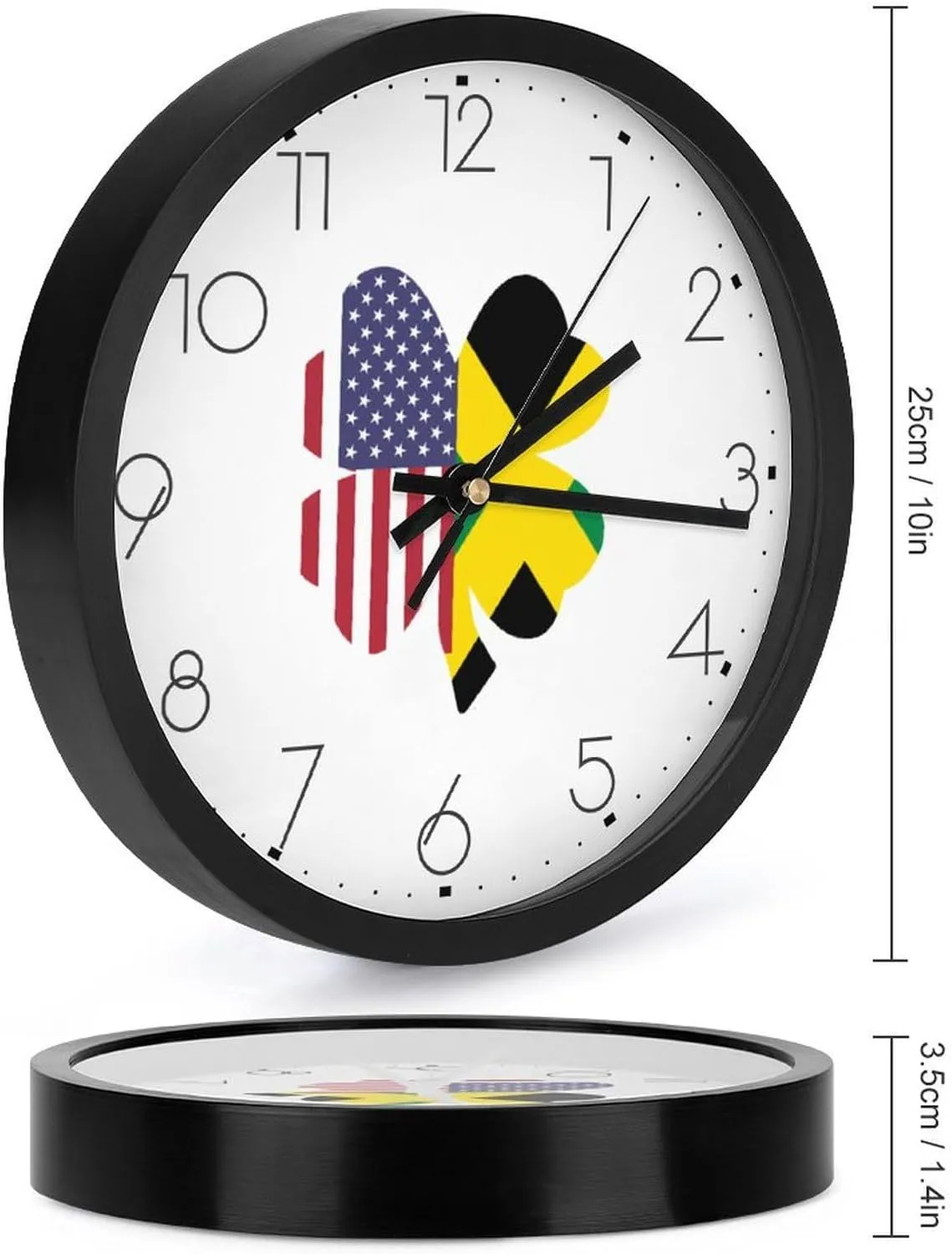 American Jamaica Flag Shamrock Fashion Round Wall Clock Modern Battery Operated Clocks Silent Non-Ticking Home Decor 10x10in