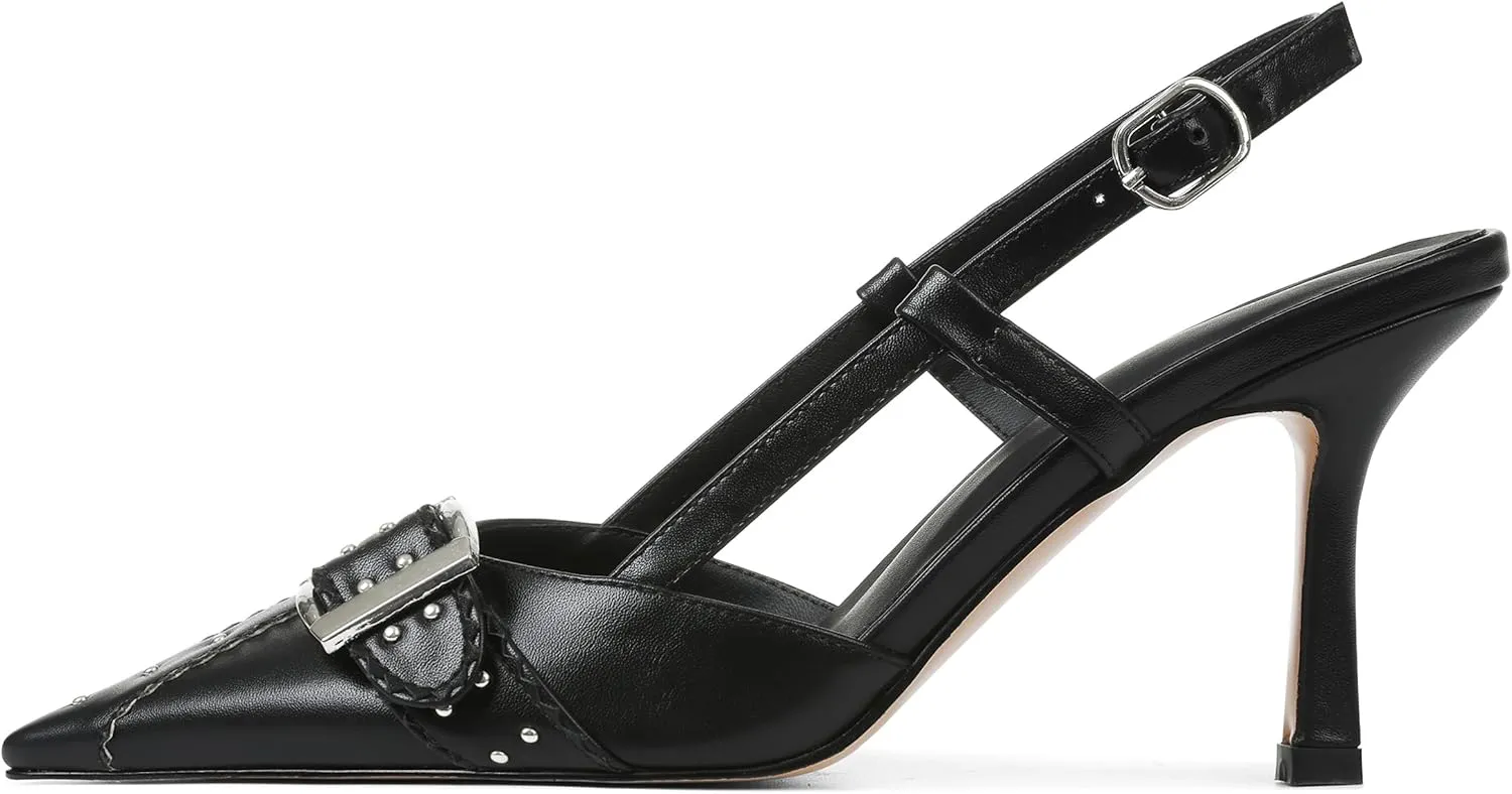 AMINUGAL Slingback Heels for Women - Buckle Pointed Toe Stiletto Ankle Strap Silver-Stud Kitten Heels Women's Pumps Closed Toe Heeled Sandals Dress Shoes