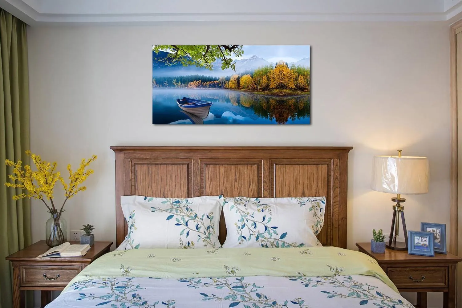 Arjun Lake Canvas Wall Art Blue Mountain Sky Nature Landscape Picture Boat Artwork Modern Scenic Painting Framed Large for Living Room Bedroom Bathroom Dinning Room Home Office Wall Decor 40"x20"