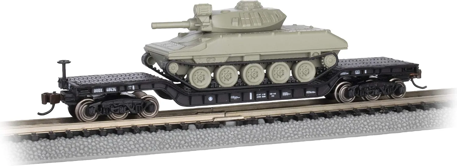 Bachmann Trains - 52' Center-Depressed Flat CAR with Sheridan Tank - Black with Green Tank - N Scale
