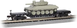Bachmann Trains - 52' Center-Depressed Flat CAR with Sheridan Tank - Black with Green Tank - N Scale