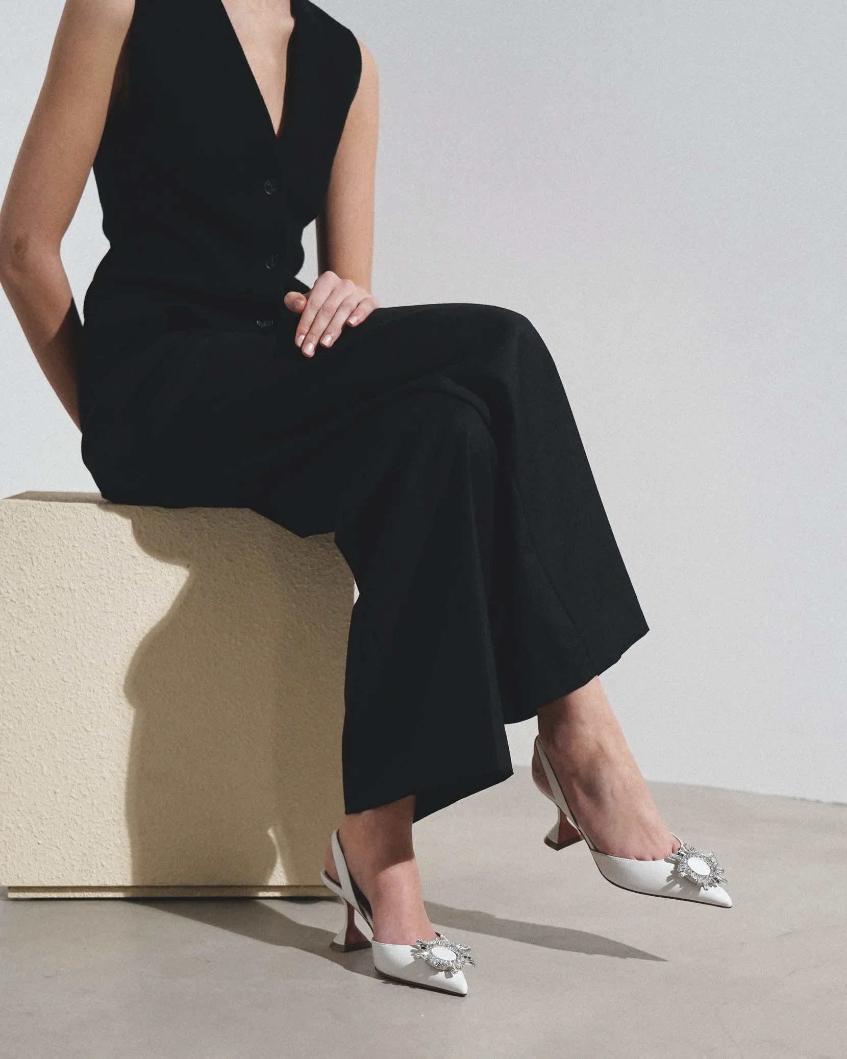 Begum sling 70 crystal embellished white leather pumps