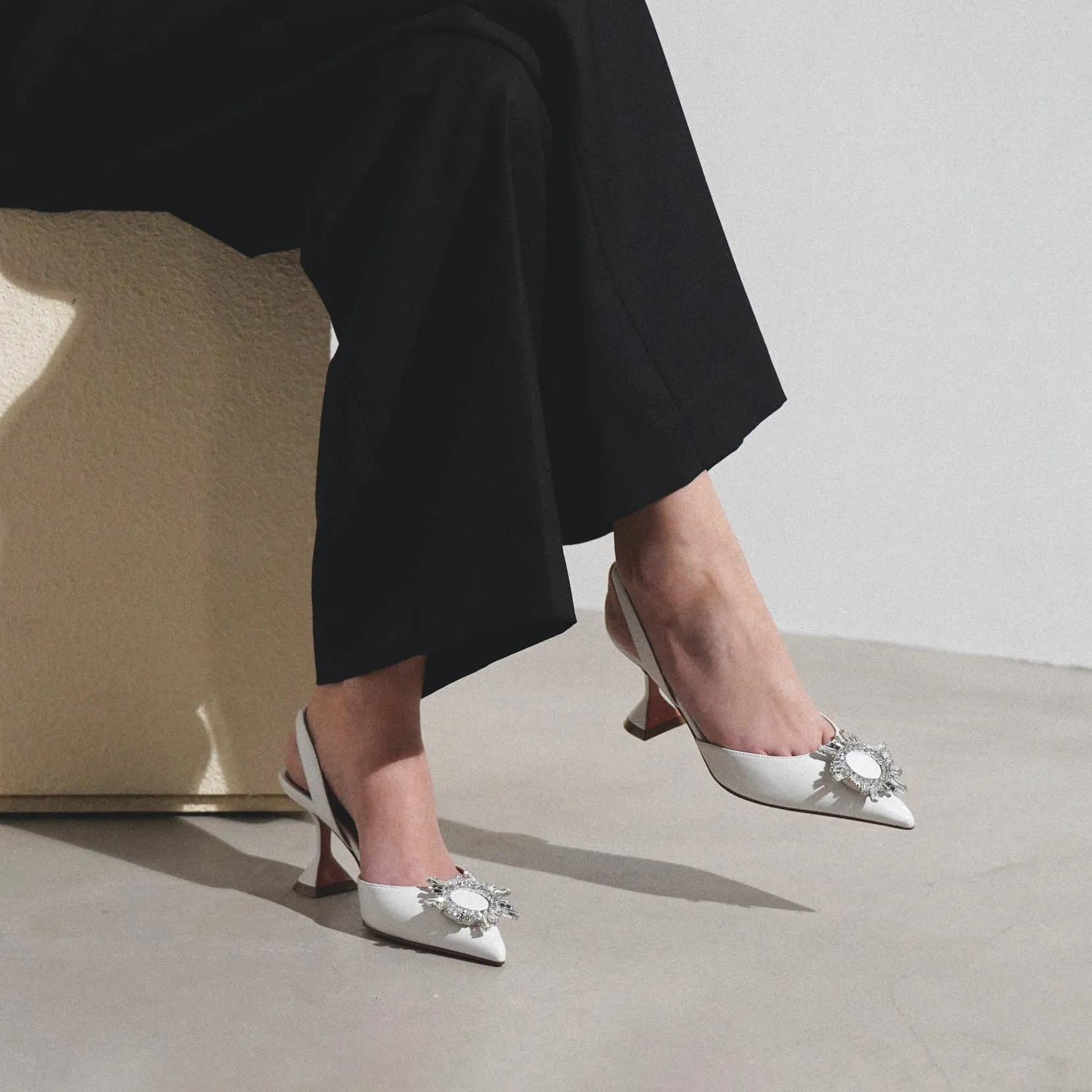 Begum sling 70 crystal embellished white leather pumps