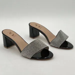 Black Open Toe Rhinestones Mule Sandals Chunky Heel Slide Slipper Daily Shoes