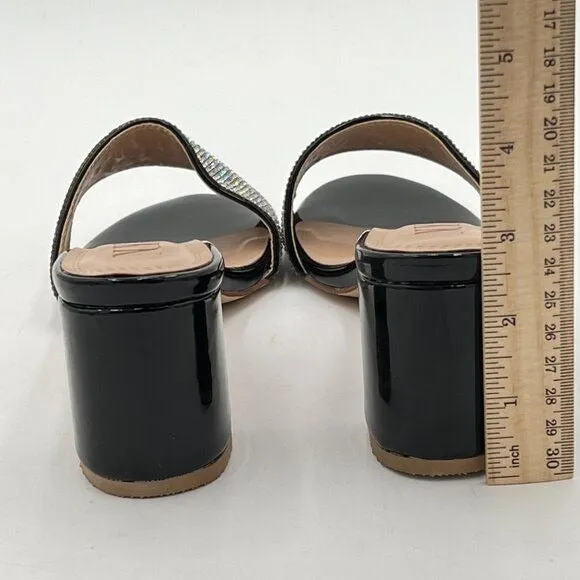 Black Open Toe Rhinestones Mule Sandals Chunky Heel Slide Slipper Daily Shoes