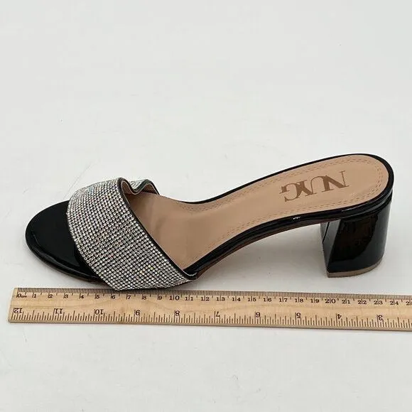 Black Open Toe Rhinestones Mule Sandals Chunky Heel Slide Slipper Daily Shoes