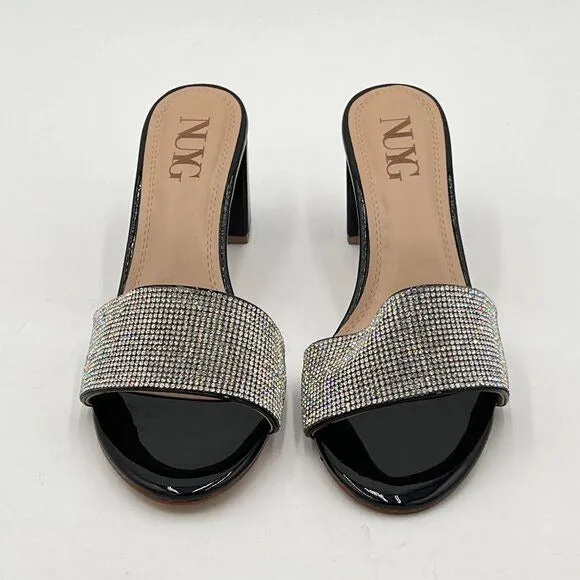 Black Open Toe Rhinestones Mule Sandals Chunky Heel Slide Slipper Daily Shoes