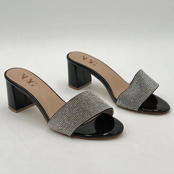 Black Open Toe Rhinestones Mule Sandals Chunky Heel Slide Slipper Daily Shoes