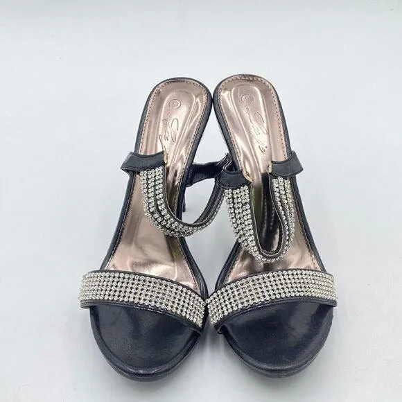 Black Open Toe Rhinestones Mule Sandals High Heel Slide Slippers Slip On Summer