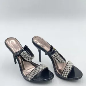 Black Open Toe Rhinestones Mule Sandals High Heel Slide Slippers Slip On Summer