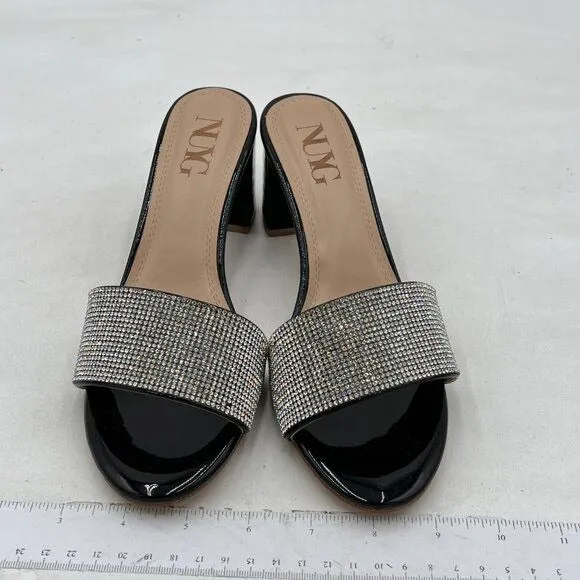 Black Rhinestones Open Toe Mule Chunky Heel Slide Slippers Slip On Sandals