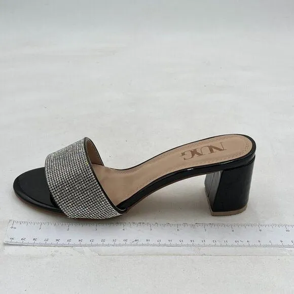 Black Rhinestones Open Toe Mule Chunky Heel Slide Slippers Slip On Sandals