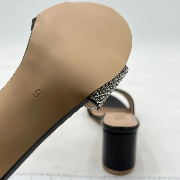 Black Rhinestones Open Toe Mule Chunky Heel Slide Slippers Slip On Sandals
