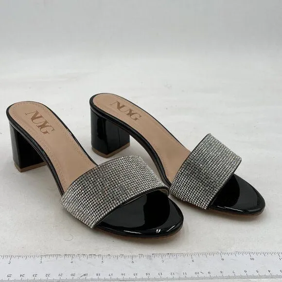 Black Rhinestones Open Toe Mule Chunky Heel Slide Slippers Slip On Sandals