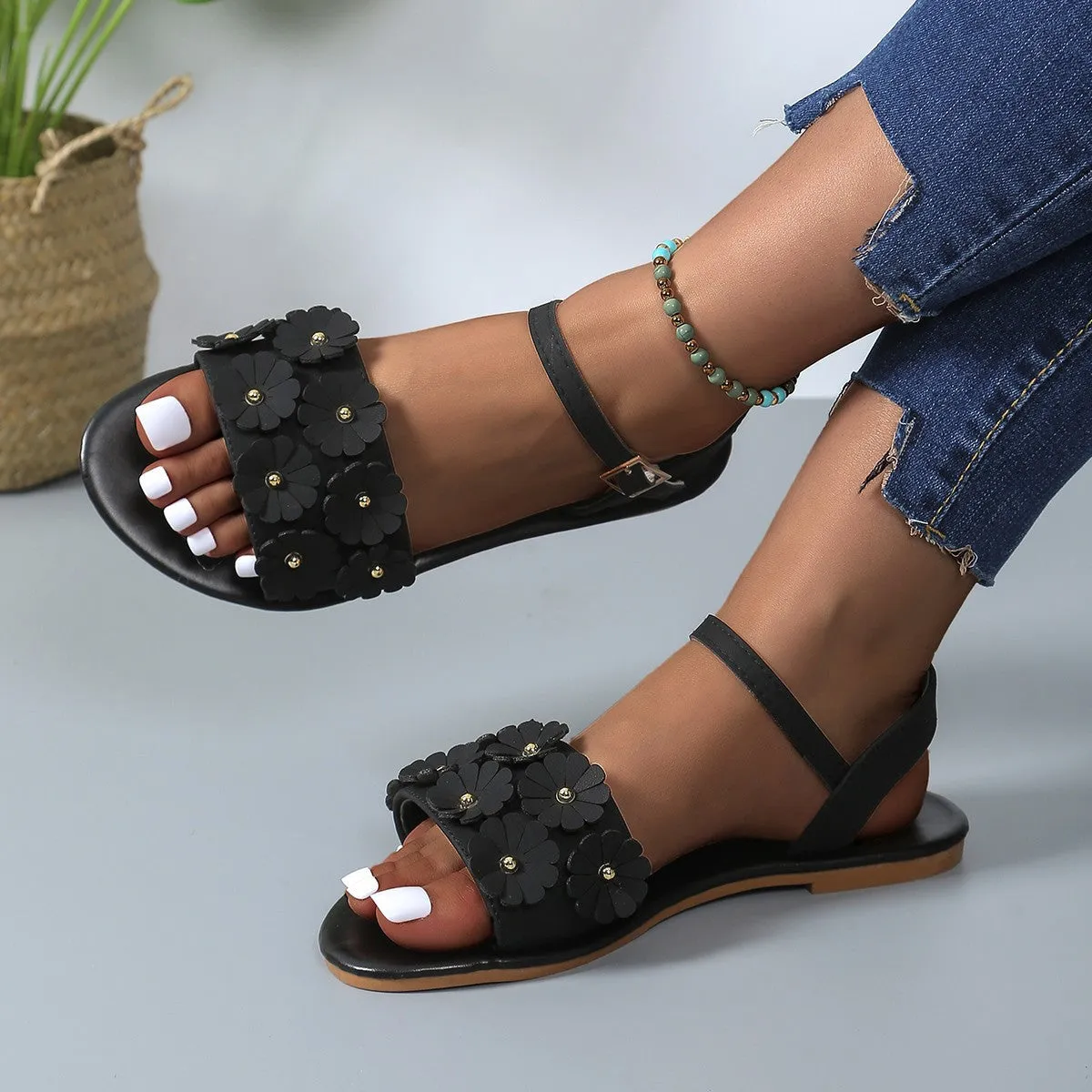 Bloomin' Retro Flats - Women's Round-Toe Sandals - Roman Beach Shoes