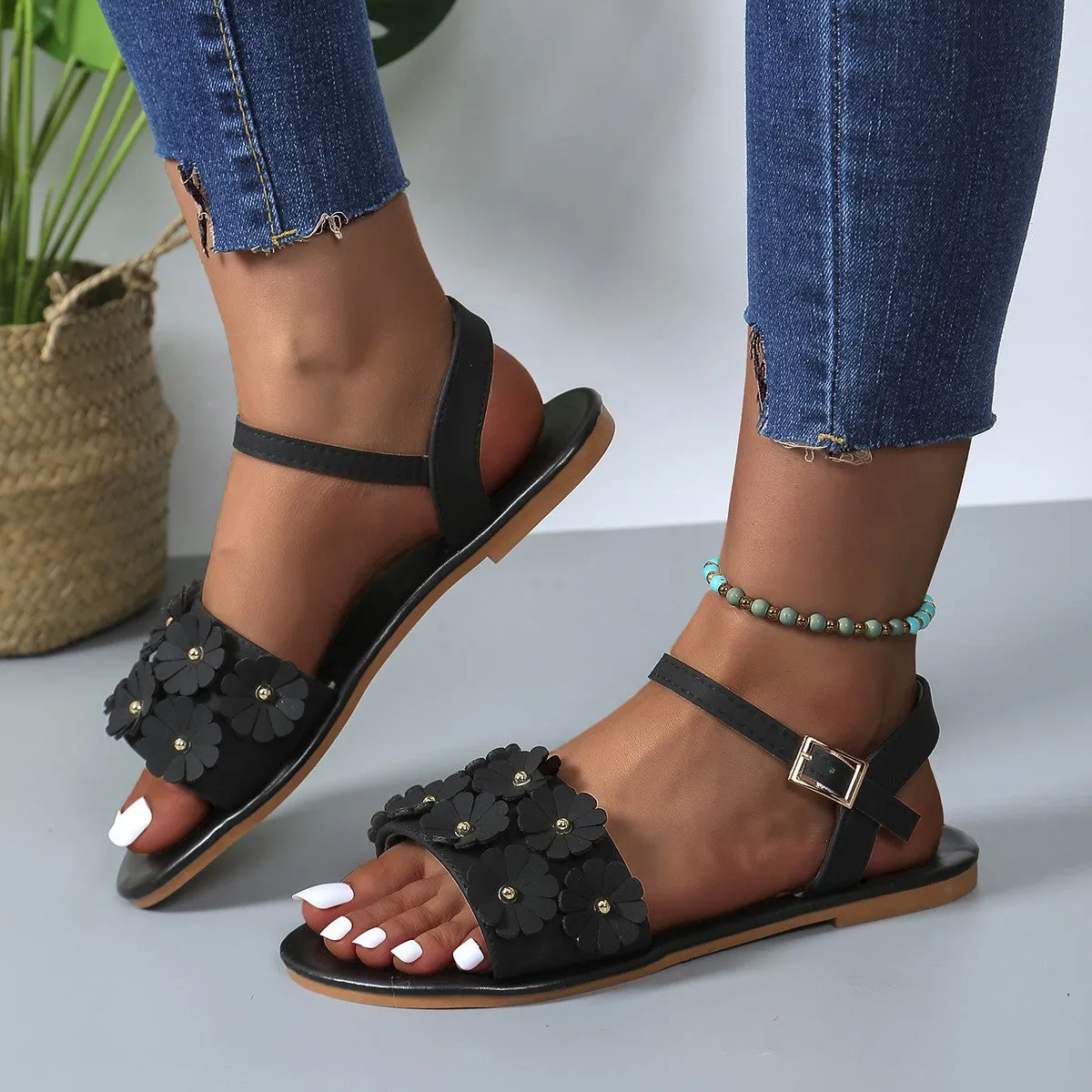 Bloomin' Retro Flats - Women's Round-Toe Sandals - Roman Beach Shoes