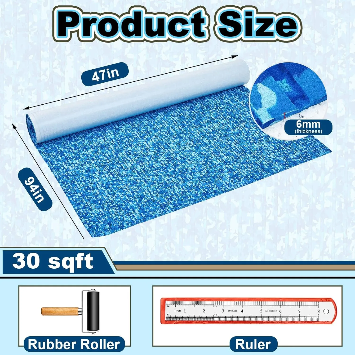 Boat Flooring EVA Foam 118"/94" x 47"/35"/24"/16" Boat Decking Non Slip Marine Camo Self Adhesive Carpet with Roller Ruler for Kayak Yacht Motorboat
