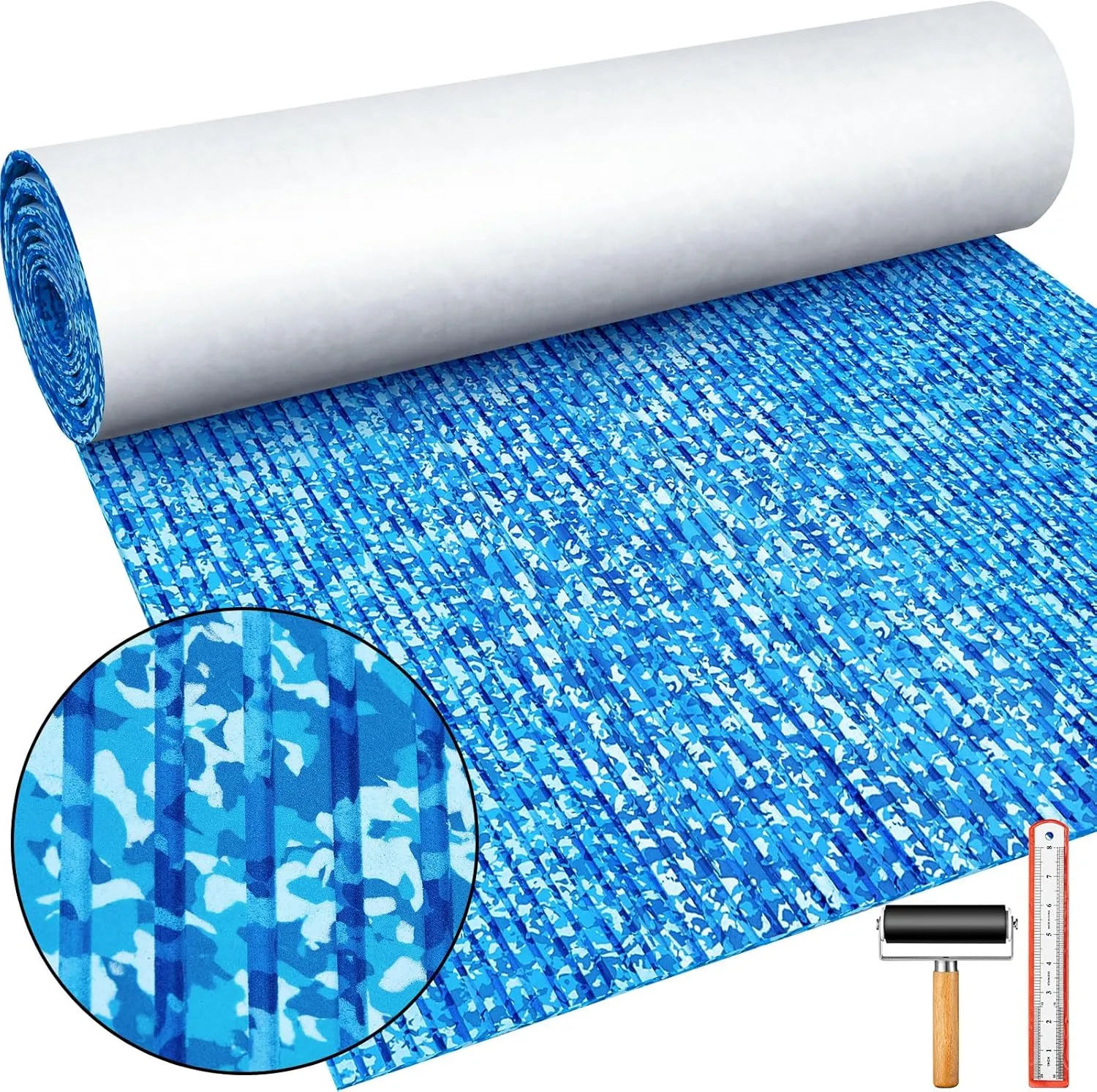 Boat Flooring EVA Foam 118"/94" x 47"/35"/24"/16" Boat Decking Non Slip Marine Camo Self Adhesive Carpet with Roller Ruler for Kayak Yacht Motorboat