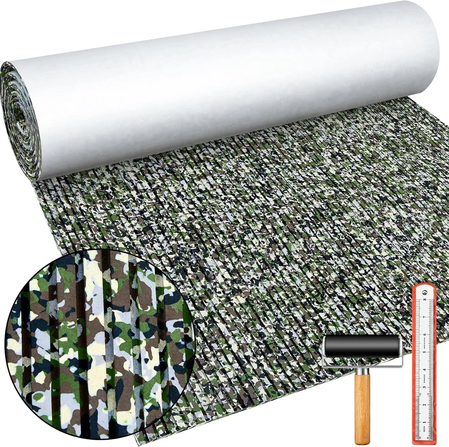 Boat Flooring EVA Foam 158"/118"/94" x 47"/35"/24" Boat Decking Non Slip Marine Camo Self Adhesive Carpet with Roller Ruler for Kayak Yacht Motorboat