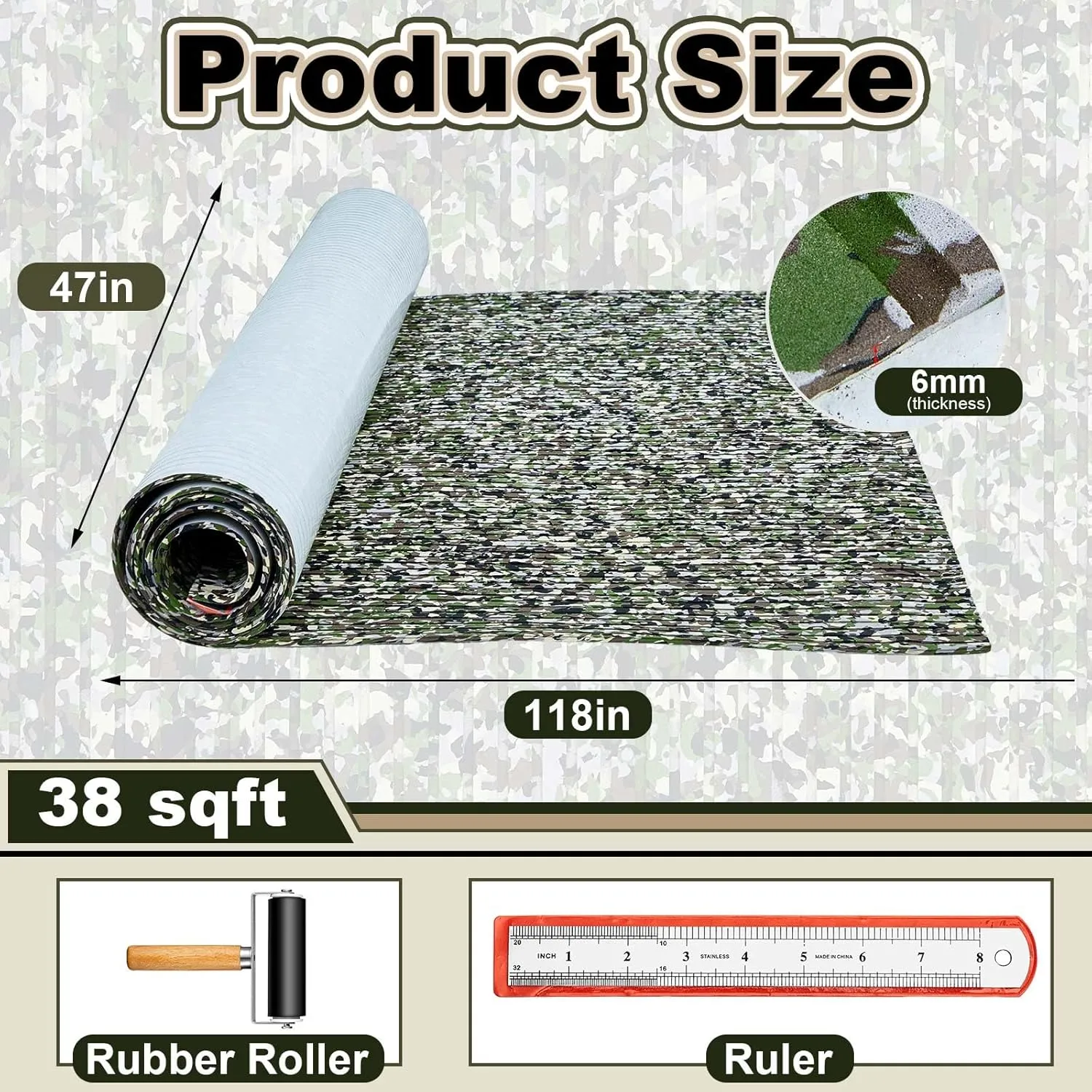 Boat Flooring EVA Foam 158"/118"/94" x 47"/35"/24" Boat Decking Non Slip Marine Camo Self Adhesive Carpet with Roller Ruler for Kayak Yacht Motorboat