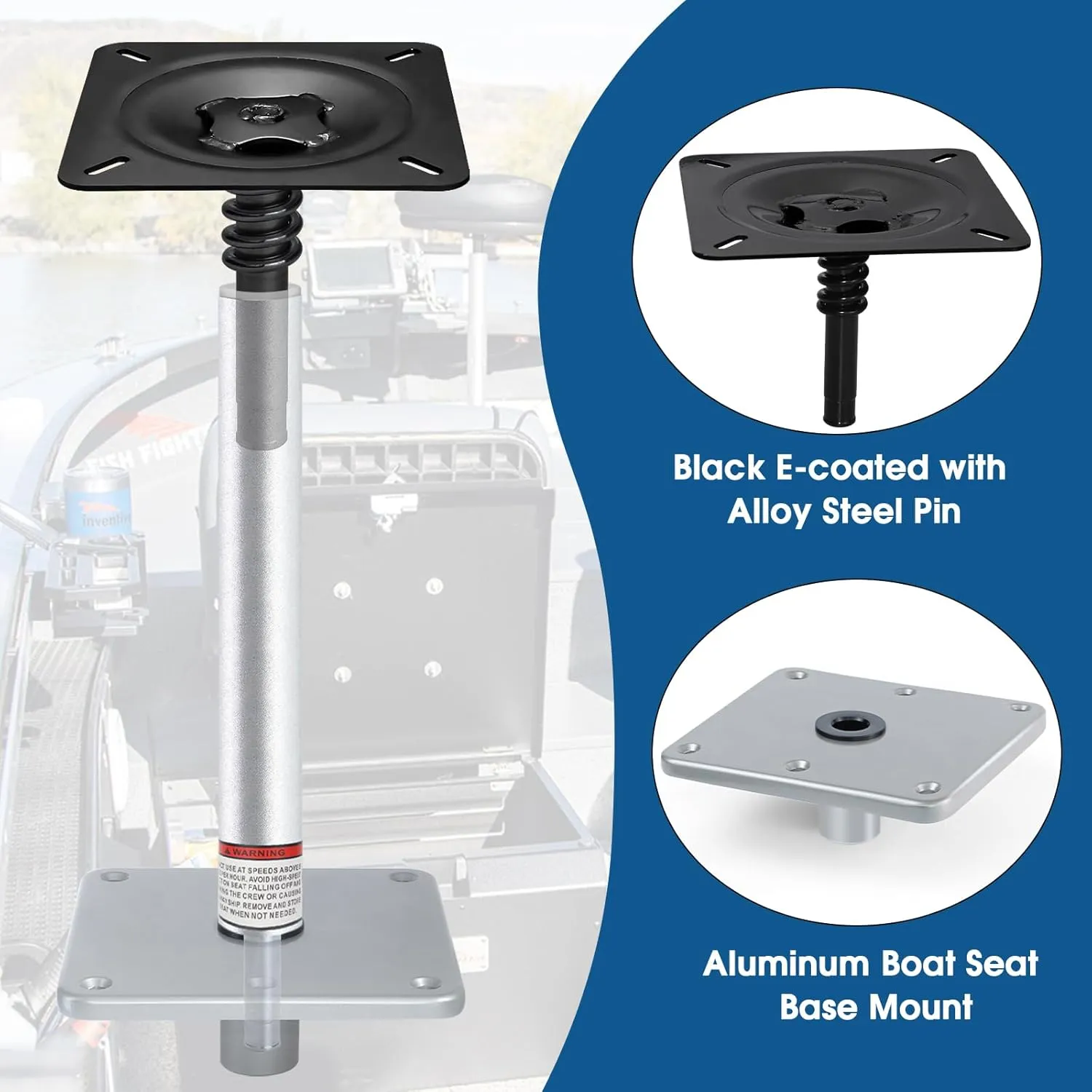 Boat Seat Pedestal Base Mount Kit Package with Lock in 3/4" Boat Seat Pin Post & 7" x 7" Marine Base Pedestal Plate & Mount for Marine Pontoon Fishing Bass