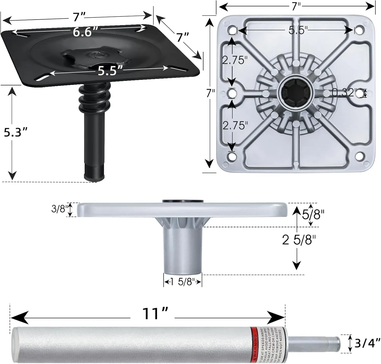 Boat Seat Pedestal Base Mount Kit Package with Lock in 3/4" Boat Seat Pin Post & 7" x 7" Marine Base Pedestal Plate & Mount for Marine Pontoon Fishing Bass